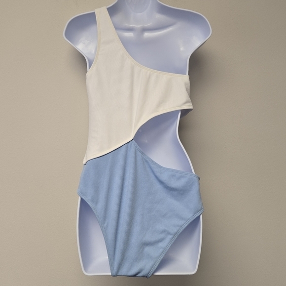 Zaful Cutout Ribbed One Shoulder One Piece Swimsuit Light Blue L / 8 - Picture 3 of 8